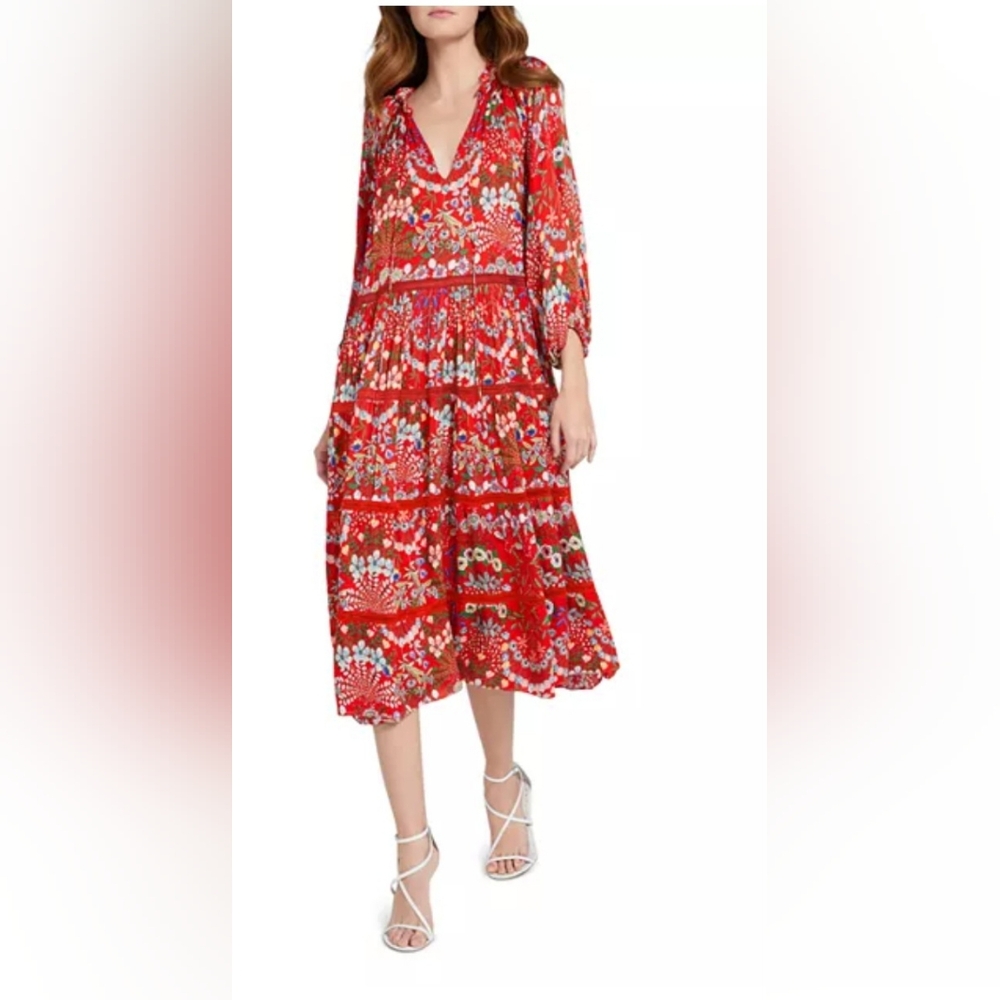 Alice + Olivia Layla oversized Red floral silky Tiered Ruffle Dress